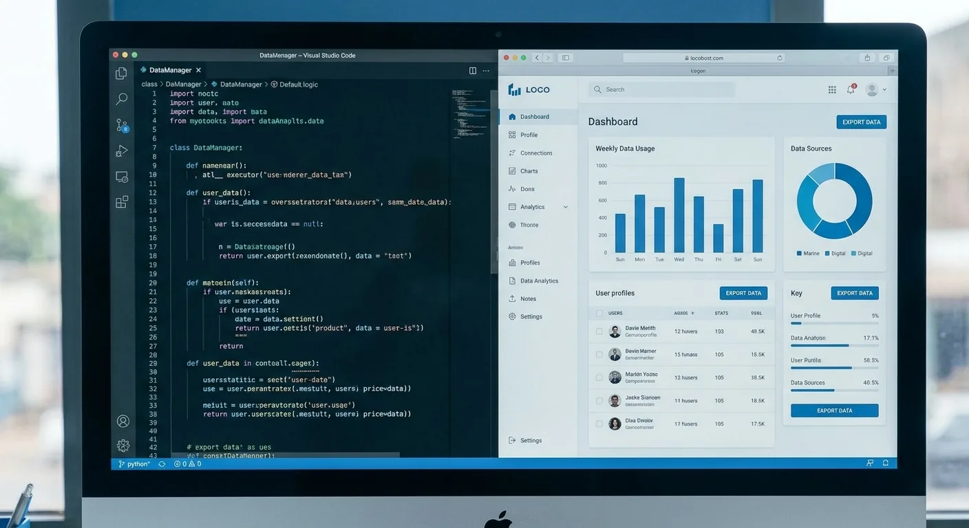Écrans affichant du code et une interface applicative