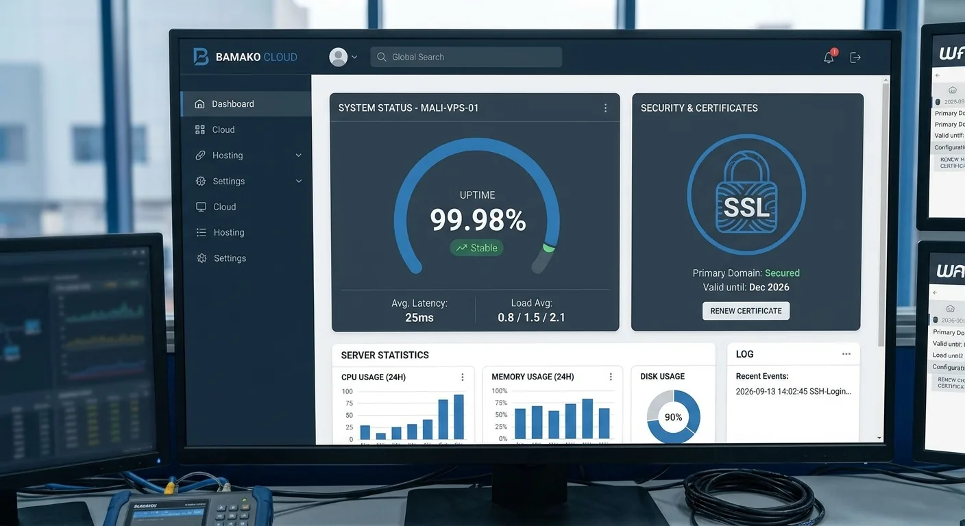 Console de gestion d'hébergement affichée sur écran