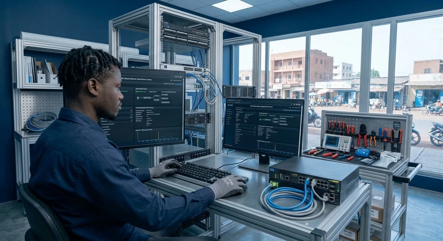 Technicien installant un équipement réseau